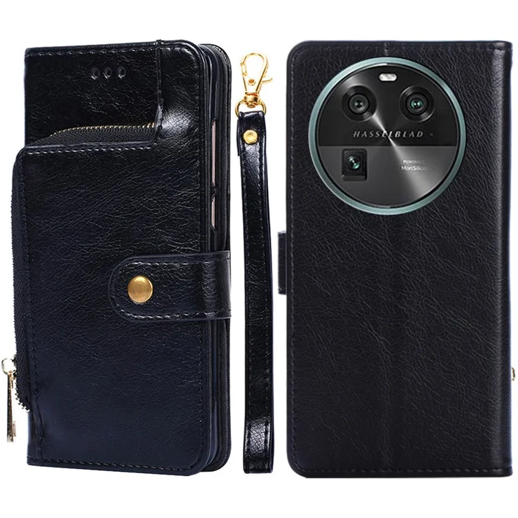 Phone Case for Oppo Find X6 Zipper Pocket Wallet Horizontal Stand PU Leather Cover with Strap - Black