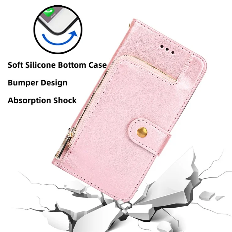 Phone Case for Oppo Find X6 Zipper Pocket Wallet Horizontal Stand PU Leather Cover with Strap - Rose Gold
