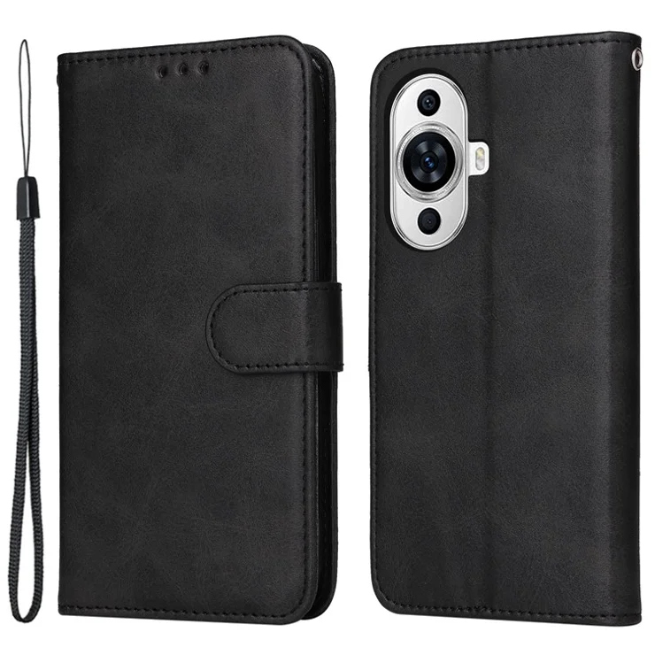 For Huawei nova 11 Pro / nova 11 Ultra PU Leather Case Calf Texture Wallet Stand Phone Cover with Strap - Black