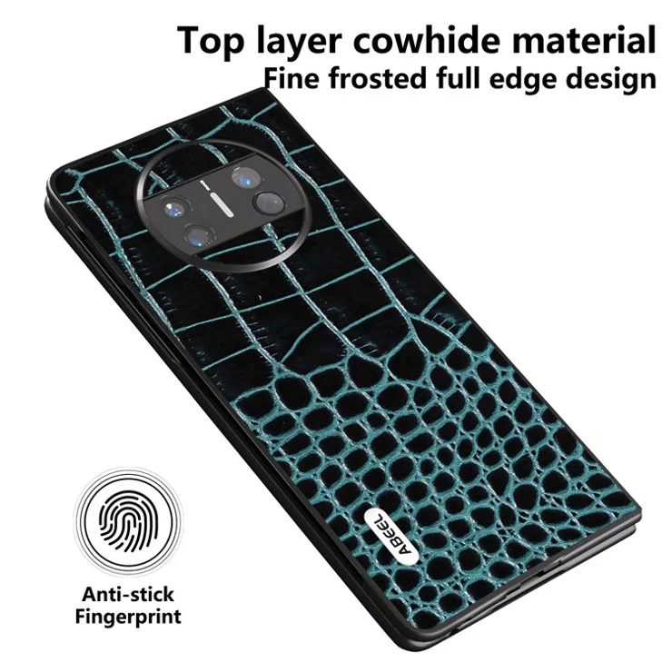 ABEEL For Huawei Mate X3 5G Crocodile Texture Shockproof Phone Case Genuine Cowhide Leather Coated PC Black Edge Cover - Blue