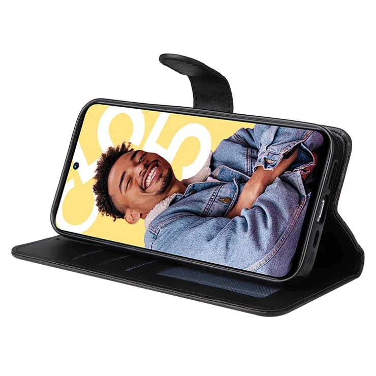 For Realme C55 4G Calf Texture Phone Leather Case Wallet Stand Cell Phone Cover with Strap - Black
