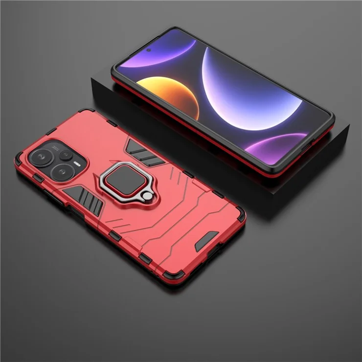 For Xiaomi Redmi Note 12 Turbo / Poco F5 5G Soft TPU Hard PC Shockproof Cover Ring Holder Kickstand Phone Case - Red