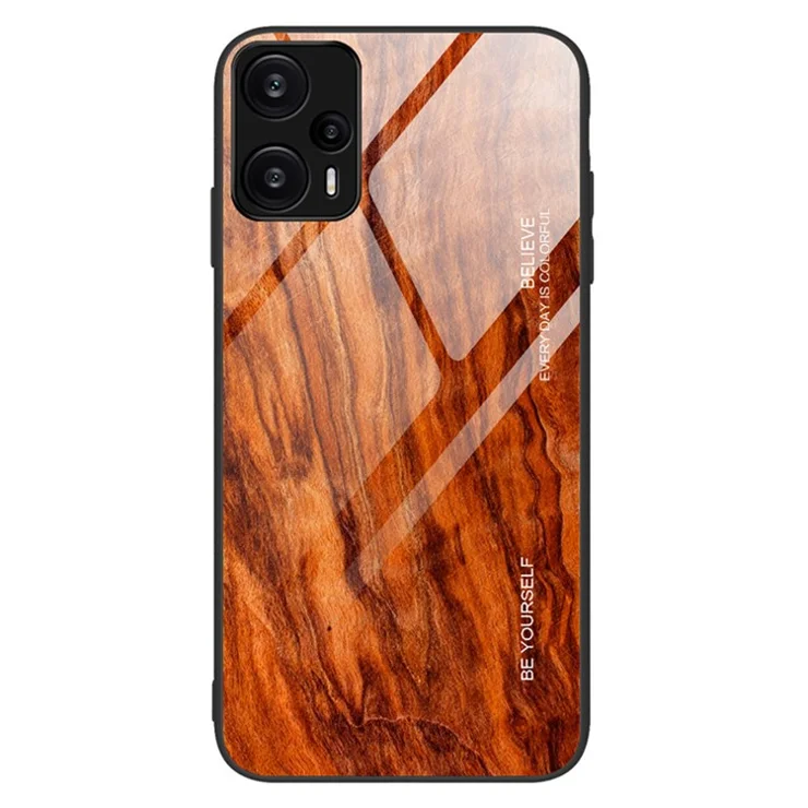 For Xiaomi Redmi Note 12 Turbo / Poco F5 5G Wooden Pattern Phone Case TPU Frame Tempered Glass Back Cover - Orange