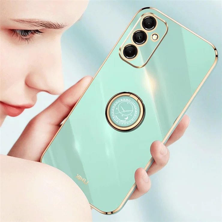 XINLI For Samsung Galaxy M14 5G Ring Kickstand Soft TPU Back Cover Electroplated Phone Case - White