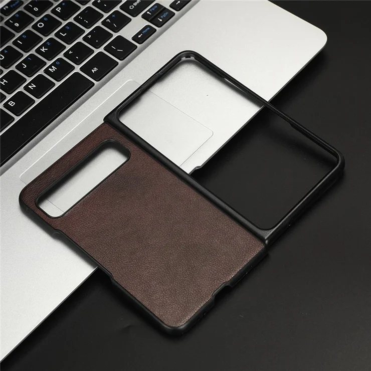 For Google Pixel Fold PU Leather Coated PC Hard Cell Phone Case Litchi Texture Shockproof Cover - Brown