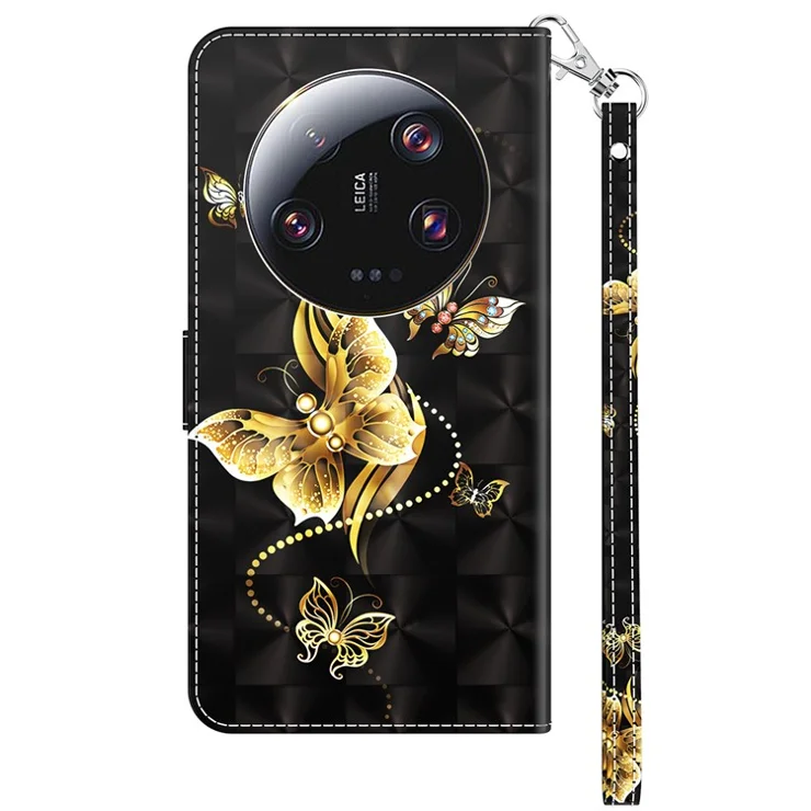 3D Pattern Printing Phone Case for Xiaomi 13 Ultra PU Leather Wallet Cover Phone Shell with Strap - Golden Butterfly