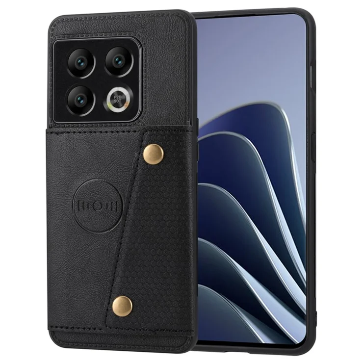 Kickstand Phone Case for OnePlus 10 Pro 5G Card Holder PU Leather Coated TPU Case Built-In Car-Mount Metal Sheet - Black