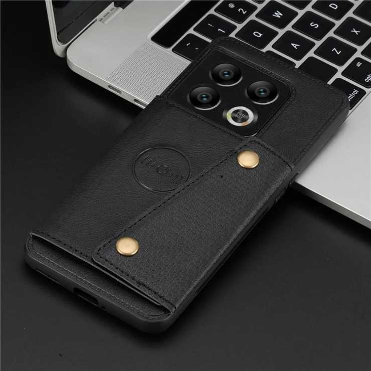 Kickstand Phone Case for OnePlus 10 Pro 5G Card Holder PU Leather Coated TPU Case Built-In Car-Mount Metal Sheet - Black