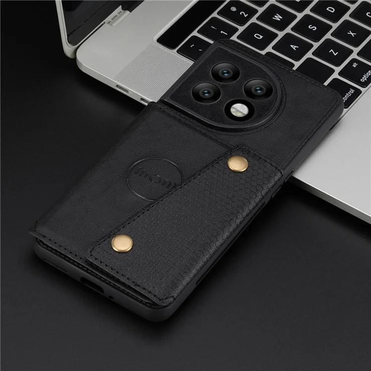 For OnePlus 11 5G Card Holder Phone Case PU Leather Coated TPU Kickstand Case with Car Mount Metal Sheet - Black