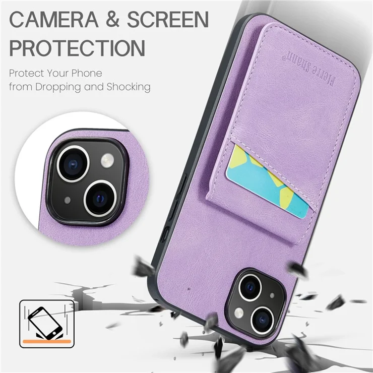 FIERRE SHANN Card Slots Phone Cover for iPhone 14 Kickstand RFID Blocking PU Leather+TPU Phone Case - Purple