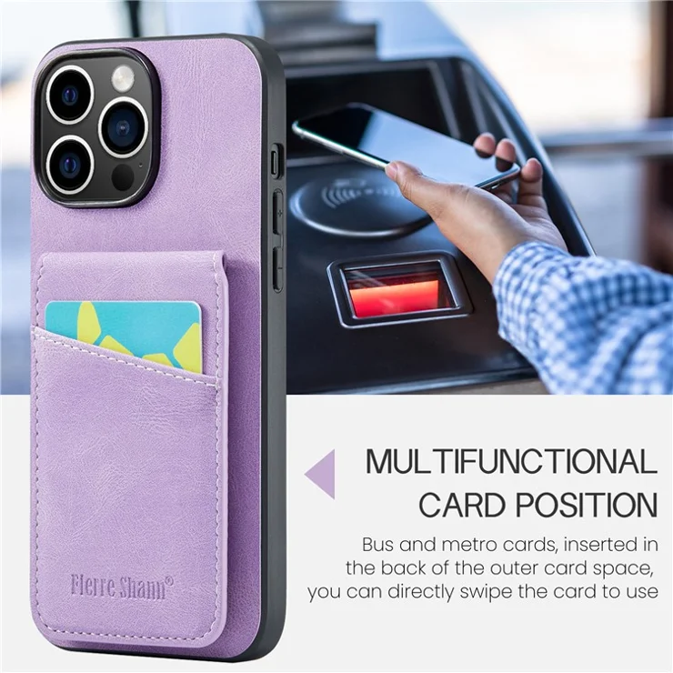 FIERRE SHANN For iPhone 14 Pro Max Kickstand Phone Case Card Holder PU Leather + TPU Cover - Purple