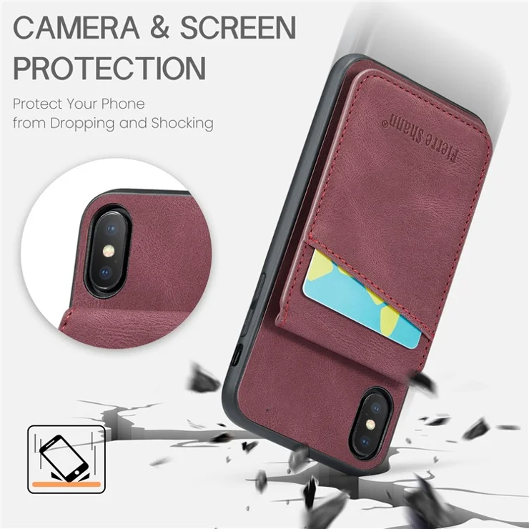 FIERRE SHANN Kickstand Phone Case for iPhone XS Max 6.5 inch PU Leather + TPU Cover with Card Holder - Red