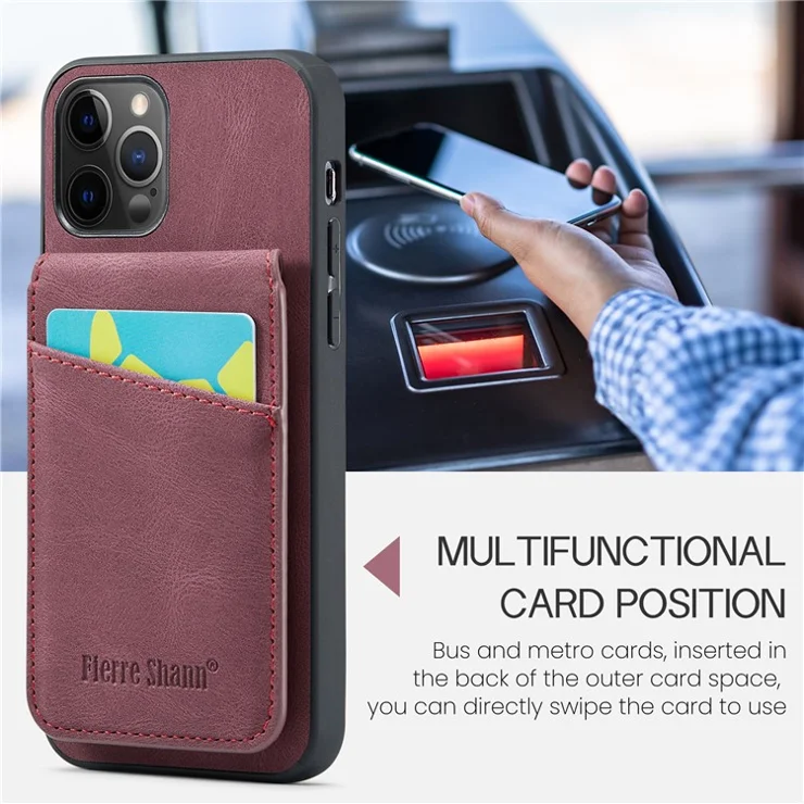 FIERRE SHANN For iPhone 12 Pro Max 6.7 inch Kickstand Phone Cover Crazy Horse Texture PU Leather+TPU Card Slot Case - Red