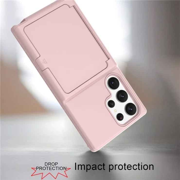 For Samsung Galaxy S23 Ultra Cardcase Series PC + TPU Phone Case Mirror Design Card Slots Kickstand Thickened Cover - Pink