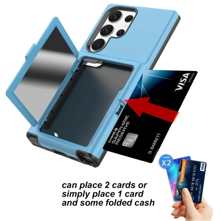 For Samsung Galaxy S23 Ultra Cardcase Series PC + TPU Phone Case Mirror Design Card Slots Kickstand Thickened Cover - Sky Blue