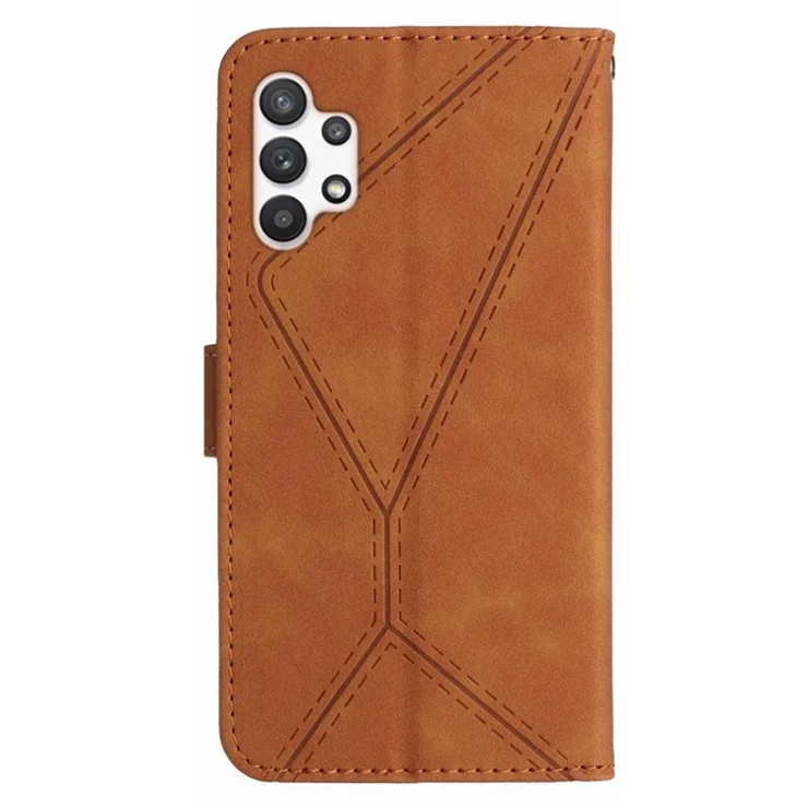 HT05 Wallet Case for Samsung Galaxy A32 5G / M32 5G , Skin-touch Leather Imprinted Line Stand Phone Cover - Brown