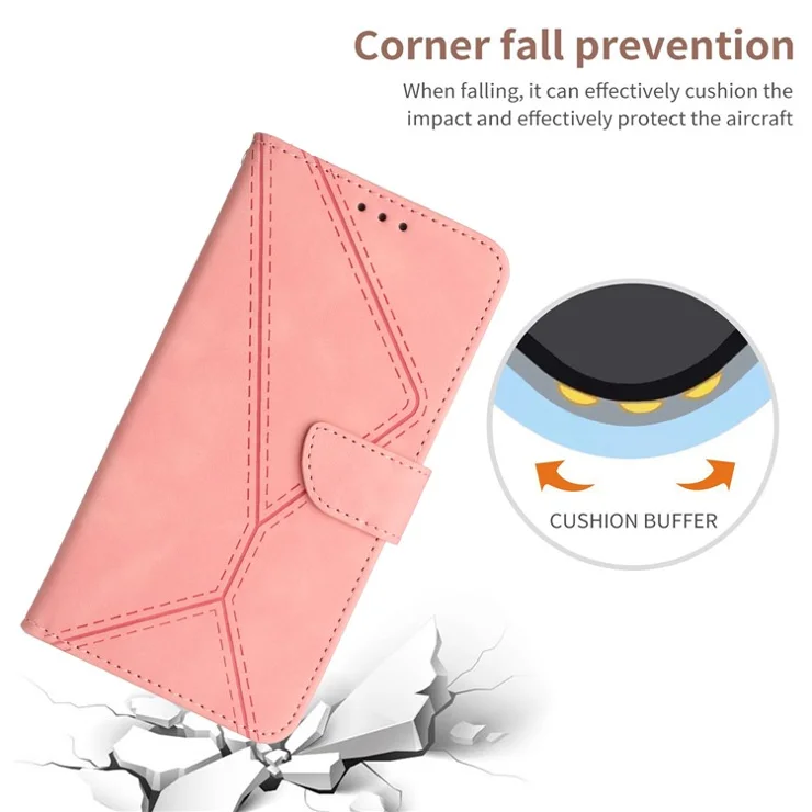 HT05 For Samsung Galaxy S22+ 5G Imprinted Line Leather Case Skin-touch Wallet Phone Stand Cover - Pink