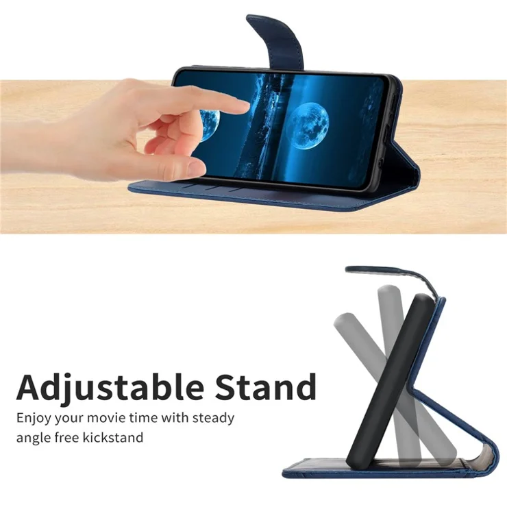 HT05 For Xiaomi Poco M4 5G / M5 4G Imprinted Line Phone Case Wallet Stand Skin-touch PU Leather Cover - Blue