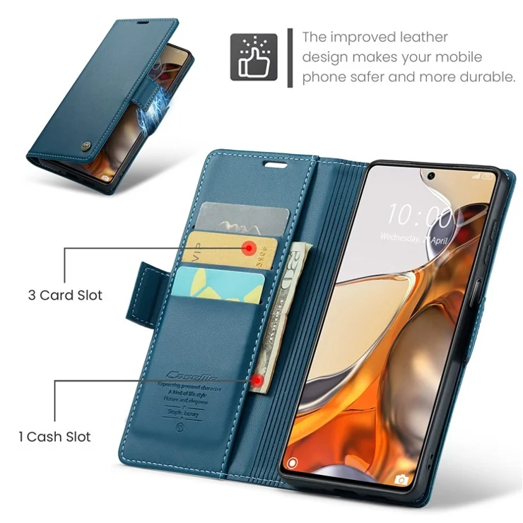 For Xiaomi 11T 5G / 11T Pro 5G Leather Case CASEME 023 RFID Blocking 3 Card Slot Mobile Cover - Blue