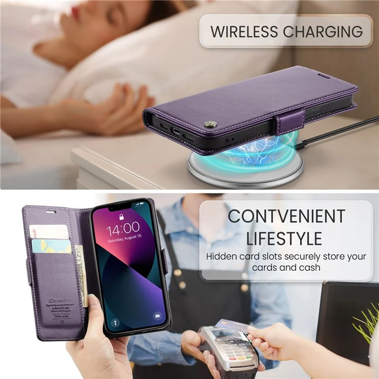CASEME 023 Series For iPhone 13 mini 5.4 inch RFID Blocking Leather Case Litchi Texture Flip Stand Wallet Phone Cover - Purple