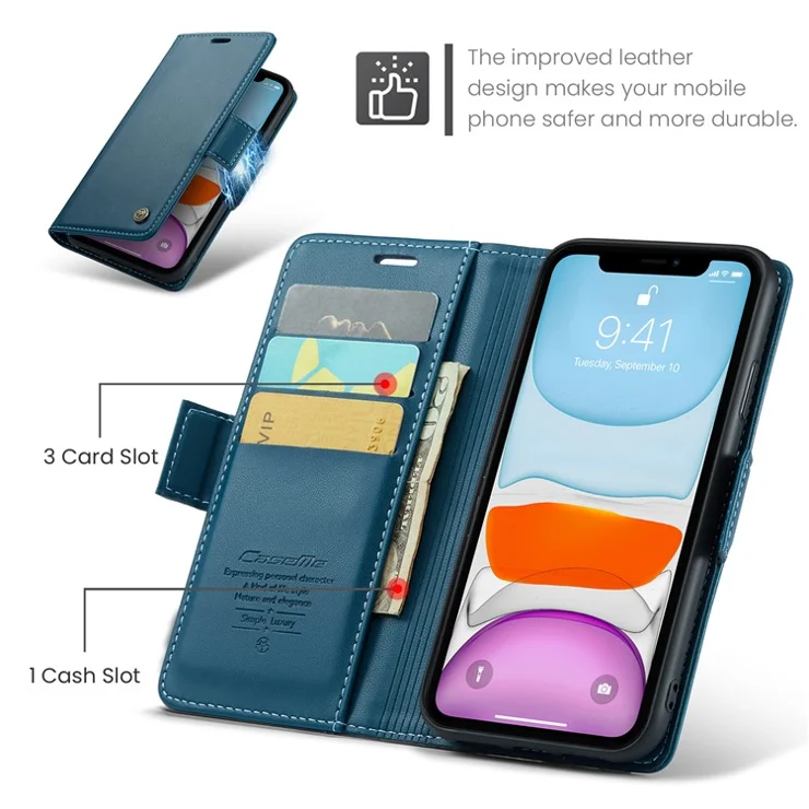 For iPhone 11 Leather Case CASEME 023 RFID Blocking 3 Card Slot Mobile Cover - Blue