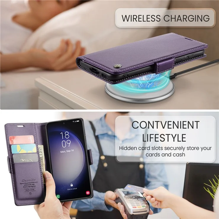 For Samsung Galaxy S23+ Leather Case CASEME 023 RFID Blocking 3 Card Slot Mobile Cover - Purple