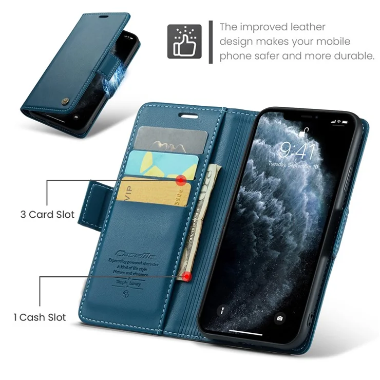 For iPhone 11 Pro Max Leather Case CASEME 023 RFID Blocking 3 Card Slot Mobile Cover - Blue