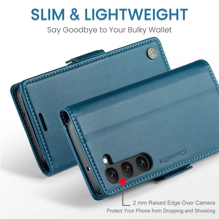 For Samsung Galaxy S23 Leather Case CASEME 023 RFID Blocking 3 Card Slot Mobile Cover - Blue