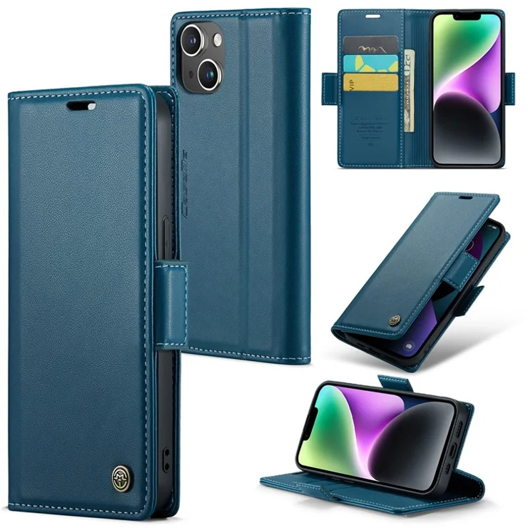 For iPhone 14 Leather Case CASEME 023 RFID Blocking 3 Card Slot Mobile Cover - Blue