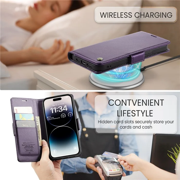 For iPhone 14 Pro Leather Case CASEME 023 RFID Blocking 3 Card Slot Mobile Cover - Purple