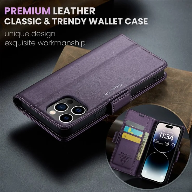 For iPhone 14 Pro Leather Case CASEME 023 RFID Blocking 3 Card Slot Mobile Cover - Purple