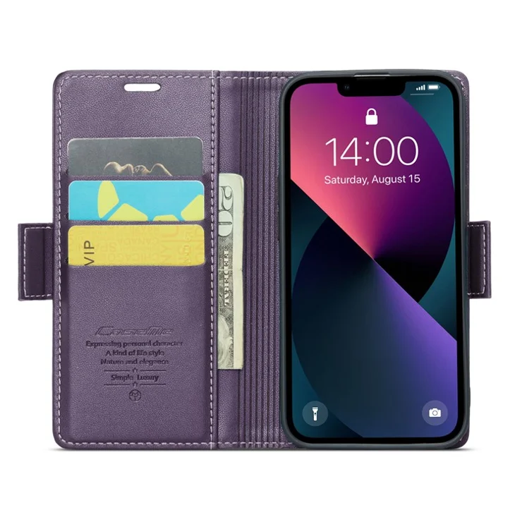 For iPhone 14 Plus Leather Case CASEME 023 RFID Blocking 3 Card Slot Mobile Cover - Purple