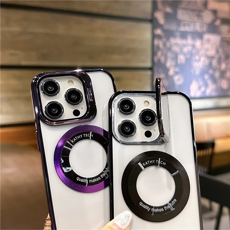 VOERO For iPhone 12 Pro / 12 Supporting Magnetic Charging Phone Case Kickstand Electroplating Cell Phone Cover - Dark Purple