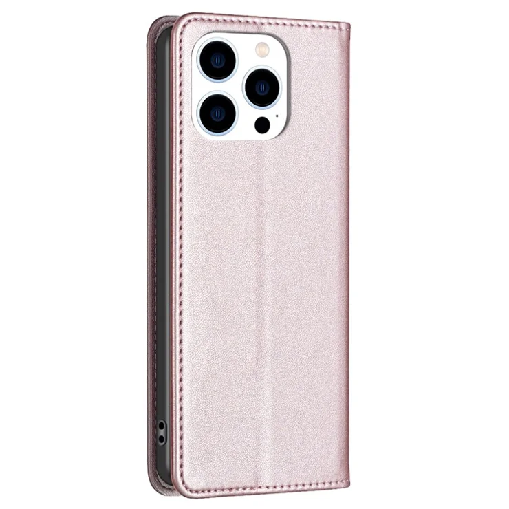 BINFEN COLOR BF18 for iPhone 14 Pro PU Leather Case Card Holder Cell Phone Stand Cover - Rose Gold