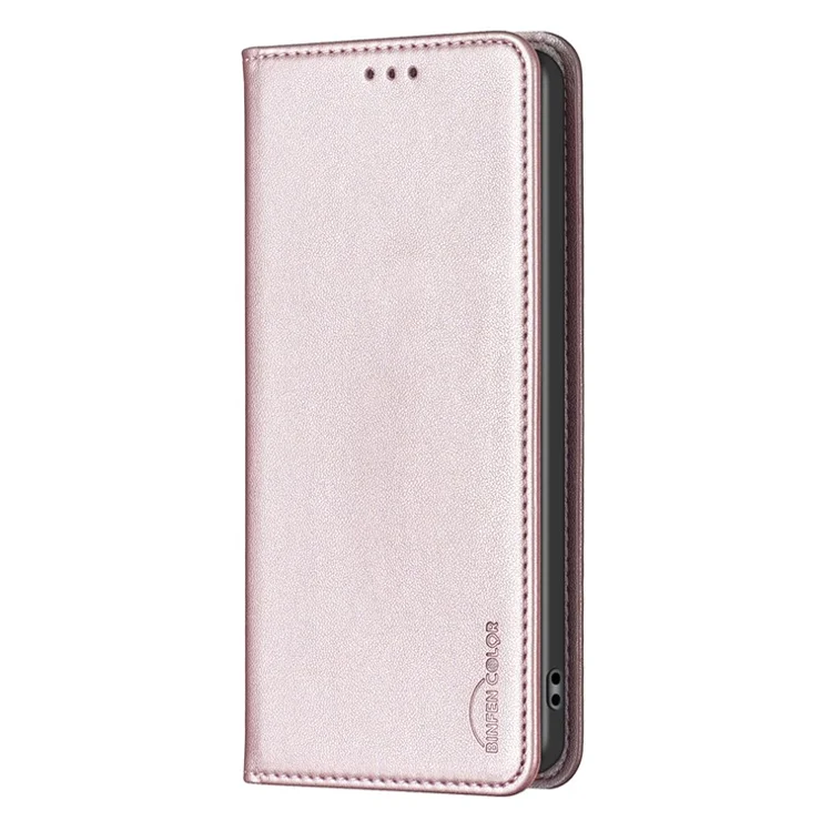 BINFEN COLOR BF18 For Samsung Galaxy A34 5G PU Leather Folio Cover Flip Stand Card Slot Phone Case - Rose Gold