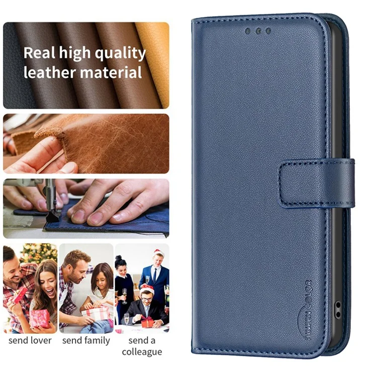 BINFEN COLOR BF17 For Samsung Galaxy S22+ 5G Phone Case Stand Wallet PU Leather Phone Cover - Blue