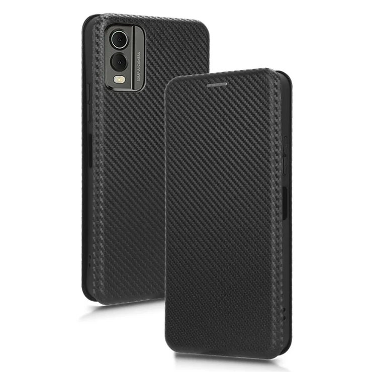 For Nokia C32 PU Leather Carbon Fiber Texture Cover Card Holder Stand Phone Case - Black