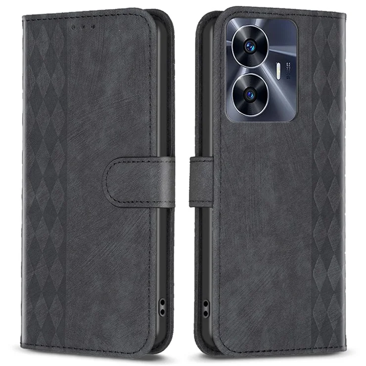 For Realme C55 Shockproof Cell Phone Case Wallet Imprinting Pattern Stand Mobile Phone Cover - Black