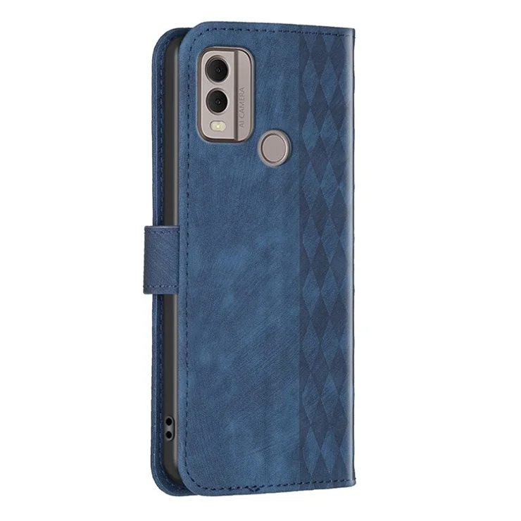 Phone Case for Nokia C22 Wallet Stand Shell Imprinting Grid Pattern Anti-drop Cellphone Cover - Blue