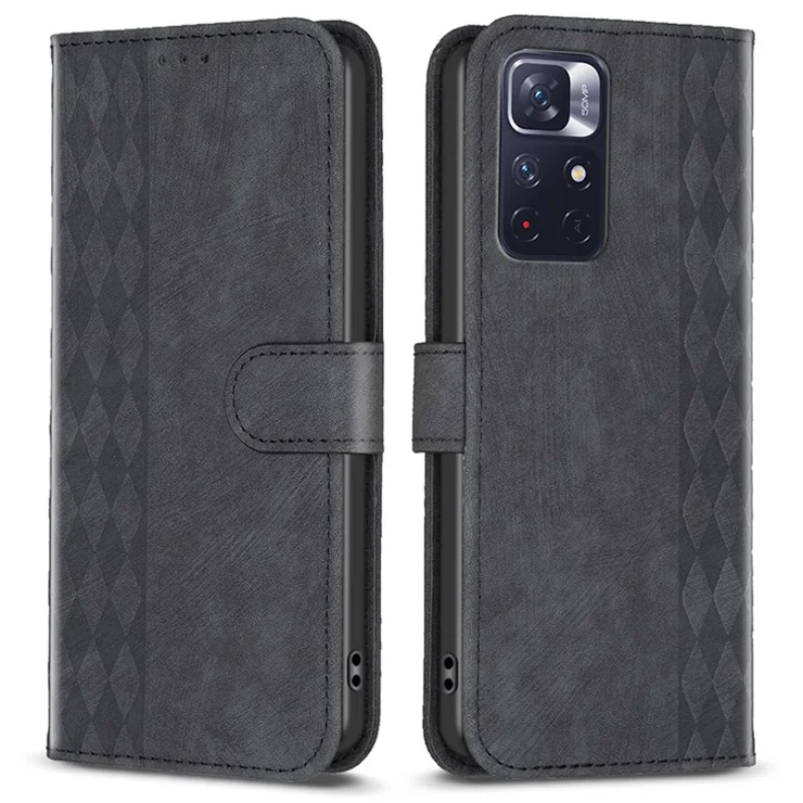 For Xiaomi Redmi Note 11 4G (Qualcomm) / Note 11S 4G Leather Phone Case Imprinting Grid Wallet Stand Shell - Black
