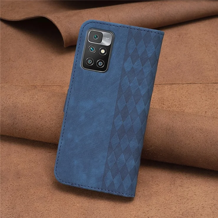 For Xiaomi Redmi Note 11 4G (MediaTek) / Redmi 10 4G (2021) / Redmi 10 2022 4G / 10 Prime Imprinting Grid Wallet Stand Phone Leather Case - Blue