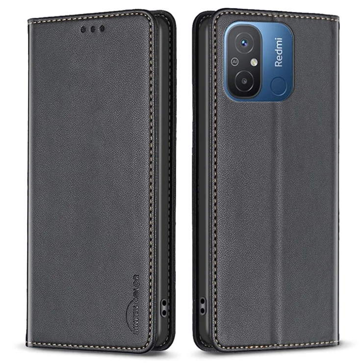 BINFEN COLOR BF18 for Xiaomi Poco C55 4G / Redmi 12C 4G Phone Cover Stand PU Leather Card Slots Phone Case - Black