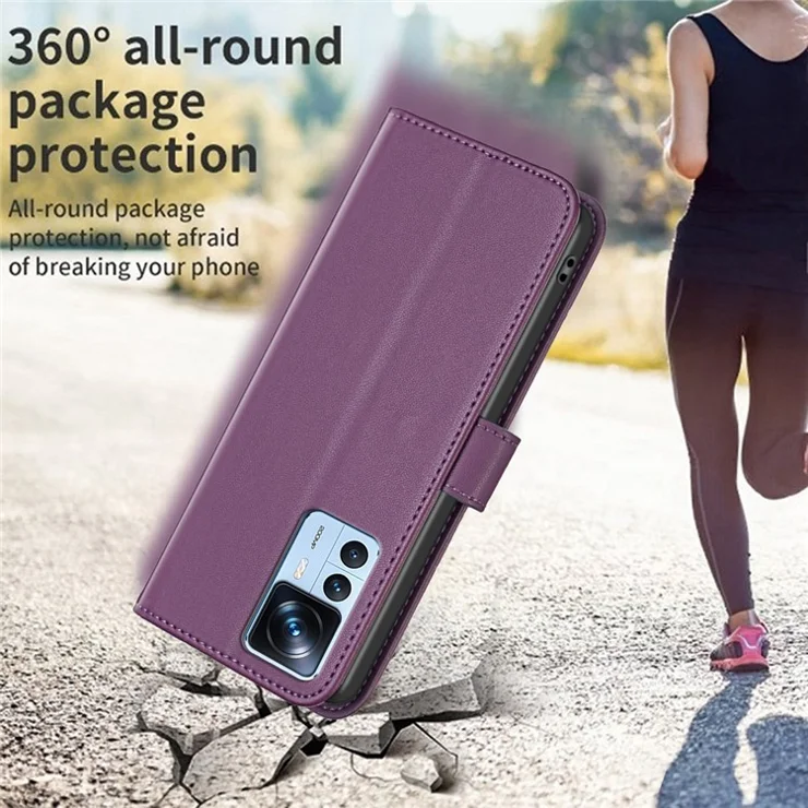 BINFEN COLOR BF17 Wallet Case for Xiaomi 12T 5G / 12T Pro 5G / Redmi K50 Ultra PU Leather Stand Phone Cover - Dark Purple