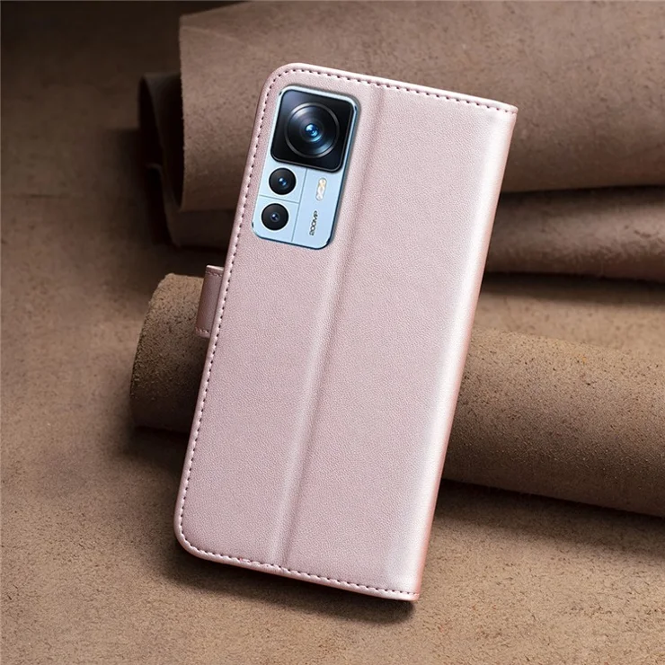 BINFEN COLOR BF17 Wallet Case for Xiaomi 12T 5G / 12T Pro 5G / Redmi K50 Ultra PU Leather Stand Phone Cover - Rose Gold