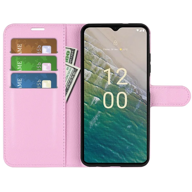 Stand Case for Nokia C32 Scratch Proof PU Leather Litchi Texture Wallet Folio Flip Phone Cover - Pink