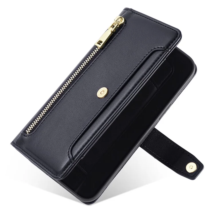 Leather Phone Cover for Honor X50i 5G / 90 Lite 5G Folio Flip Stand Wallet Case with Zipper Pocket - Black