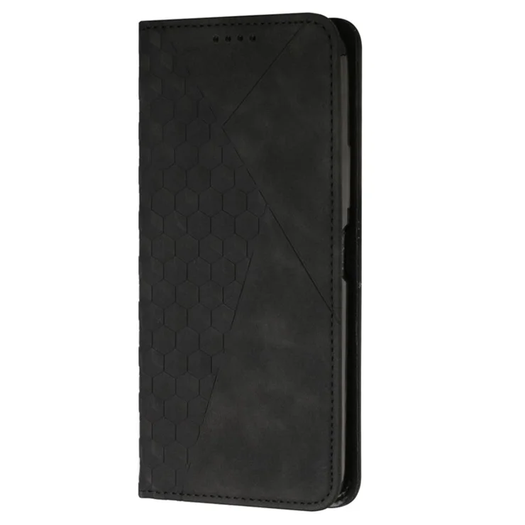 Wallet Stand Cover for Samsung Galaxy A24 4G (162.1 x 77.6 x 8.3mm) Imprinted Rhombus Folio Flip PU Leather Phone Case - Black