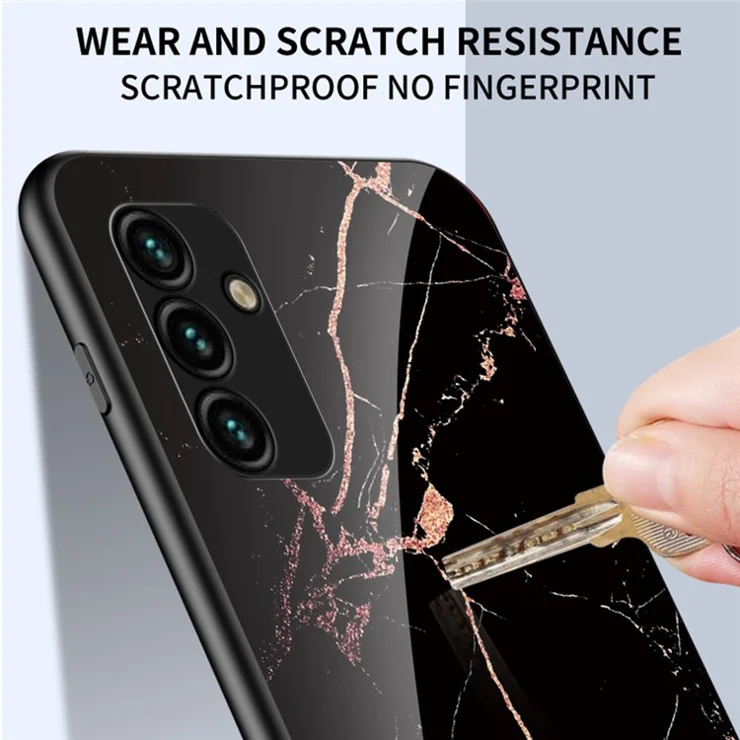 For Samsung Galaxy A24 4G (162.1 x 77.6 x 8.3mm) Marble Pattern Shockproof Case Tempered Glass+PC+TPU Anti-Drop Phone Cover - Gold Black Marble
