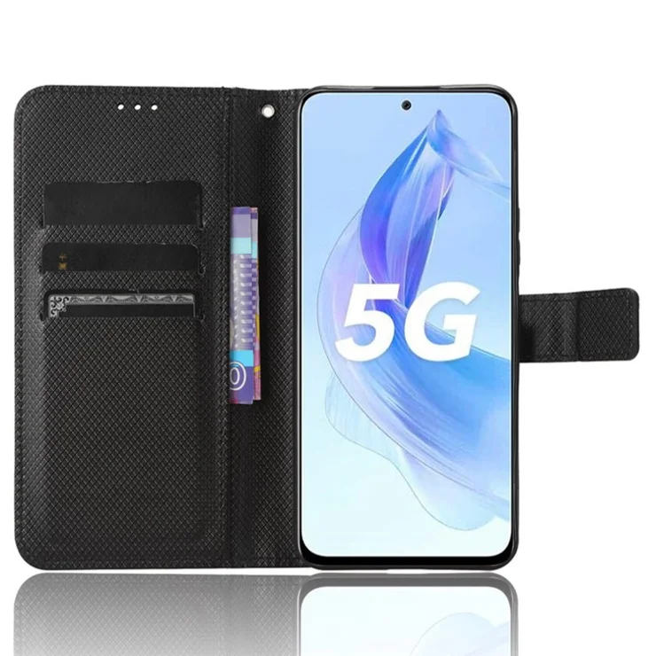 Flip Case for Honor 90 Lite 5G / X50i 5G PU Leather Diamond Texture Wallet Stand Shockproof Phone Cover - Black