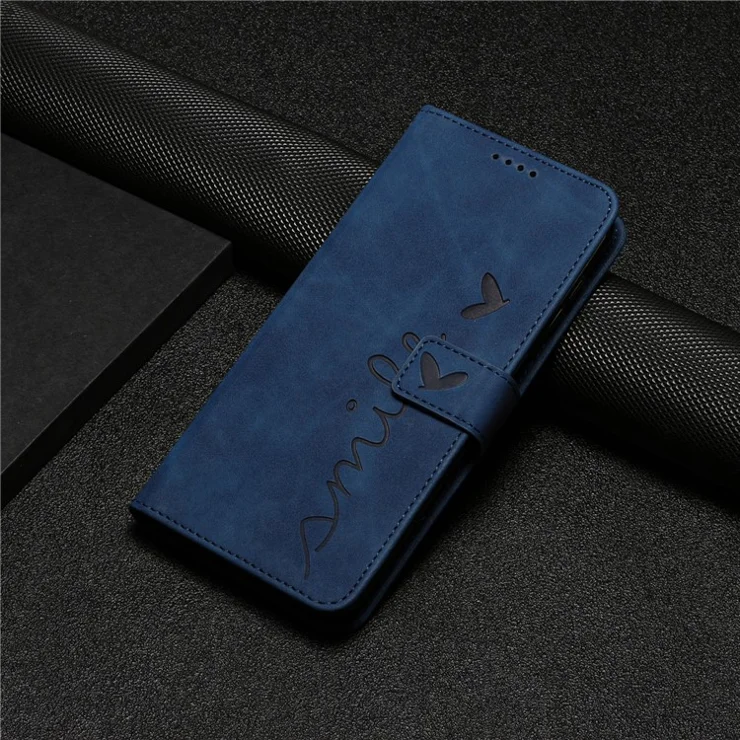 For Samsung Galaxy A24 4G (162.1 x 77.6 x 8.3mm) PU Leather Stand Case Heart Shape Wallet Phone Cover with Shoulder Strap - Sapphire